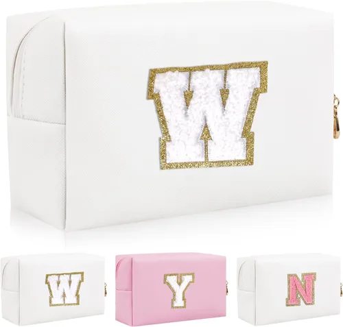 Miniatura 37 de Bolsa de maquillaje con parche de letra inicial personalizada, bolsa de cosméticos de chenilla preppy con letra de chenilla con cremallera, Y
