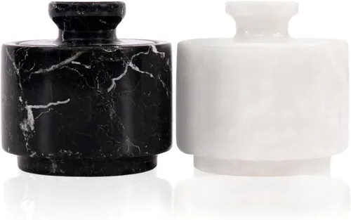 MARBLOUS KRAFTS Salero de Mármol con Tapa 3" Blanco y Negro Cebra Frasco de Especias Para Encimera de Cocina Recipiente de Sal de Piedra y Cuencos