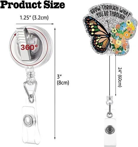 Miniatura 2 de Carrete retráctil de insignia con purpurina Grow Through What You Go Through con clip de cocodrilo, divertido soporte de insignia inspirador, regalo