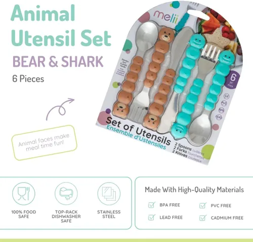 Miniatura 3 de melii Juego de cucharas y cuchillos de alimentación para niños y niños pequeños, acero inoxidable, Bulldog, gato, tiburón, oso, sin BPA, apto