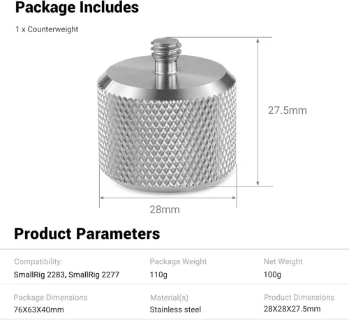 Miniatura 7 de SMALLRIG Contrapeso extraíble 3.53 oz para estabilizadores de cardán DJI Ronin S/Ronin RS 2 / Ronin-SC/Ronin RSC 2 y Zhiyun - AAW2284