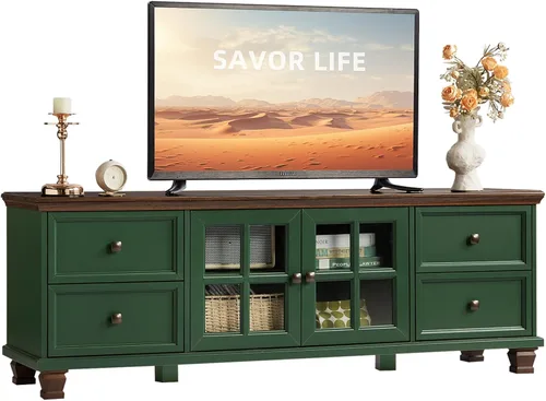 Miniatura 9 de SAVOR LIFE Soporte de TV de granja para sala de estar, centro de entretenimiento verde rústico con armario de almacenamiento, consola de TV