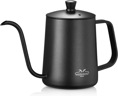 MERMOO YILAN Hervidor de café de cuello de cisne de 21 oz para verter sobre goteo, 20.3 fl oz, boquilla larga y estrecha de acero inoxidable, Negro