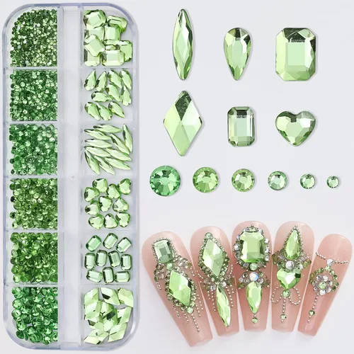 Miniatura 2 de Diamantes de imitación verdes para uñas, gemas de diamantes de imitación de cristal 3D, diamantes de imitación de parte trasera plana, varios