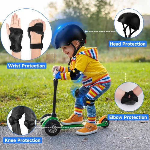 Miniatura 6 de Conjunto de casco de bicicleta para niños pequeños con rodilleras, casco de ciclismo ajustable para niño y niña, equipo de protección Negro