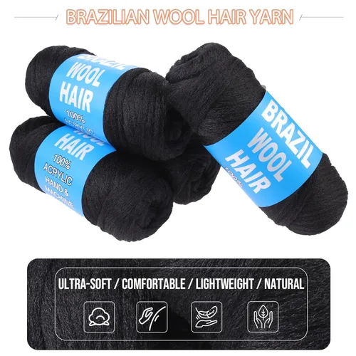 Miniatura 5 de 8 piezas de lana brasileña para trenzas, negro natural, cabello de lana brasileña para trenzar para mujeres, hilo para cabello para locs falsos
