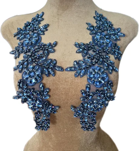 Miniatura 11 de 1 par de decoraciones de vestido de novia de 5.1 x 13.4 in, parches de encaje para coser con cuentas de diamantes de imitación sueltas, piedras