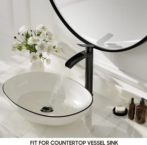 Miniatura 2 de Phiestina Grifo Alto de Lavabo Vessel para Baño Negro Mate, Cascada de Un Solo Orificio con Una Sola Manija para Lavabo Sobre Encimera, con Desagüe