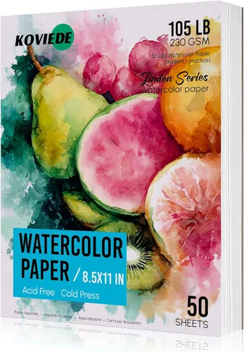 KOVIEDE 50 hojas de papel de acuarela de 8.5 x 11 pulgadas, 105 libras/230 GSM, papel de práctica de prensa en frío para estudiantes y