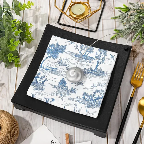 Miniatura 3 de AnyDesign 80 servilletas de papel azul y blanco clásicas con estampado de pueblo francés, servilletas desechables rústicas decorativas para cena