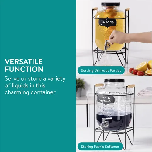 Miniatura 2 de Navaris Dispensador de bebidas en tarro de vidrio con grifo, incluye soporte de metal, tubo de hielo e infusor de frutas, para cóctel, limonada
