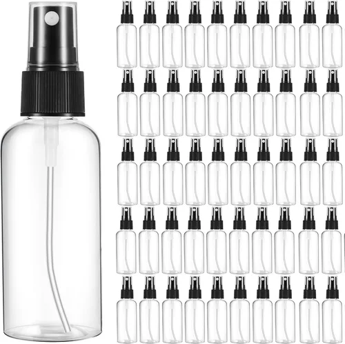 Roshtia 50 Pcs 2 oz Plastic Mini Spray Bottles with Black Cap Clear Empty Fine Mist Spray Bottles Refillable Liquid Container for Essential Oils
