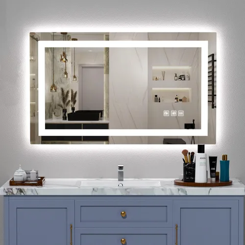 Espejo LED para baño, retroiluminado de 40 x 24 pulgadas + espejo de tocador de baño iluminado frontal con luces para pared, tiras de luz dobles, 3