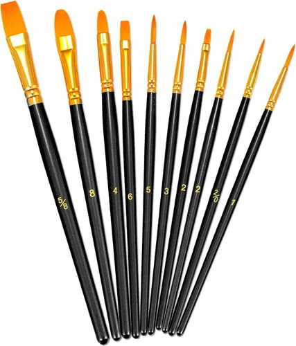 BOSOBO Juego de pinceles de pintura, 10 pinceles de punta redonda puntiaguda, pinceles de nailon para artistas de cabello acrílico, acuarela,