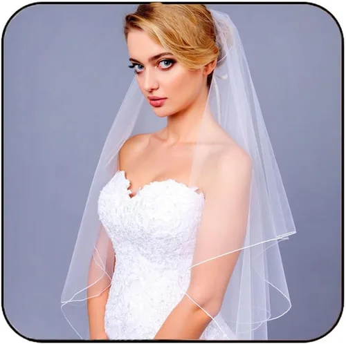 Latious Velo de novia de 2 niveles con longitud al codo, velos cortos de tul para novia, velos de borde de cinta con peine para novias y mujeres