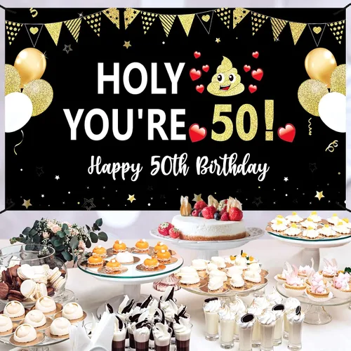 Miniatura 3 de Divertida pancarta de cumpleaños 50 para hombres y mujeres, pancarta de feliz cumpleaños de 50 años color negro y dorado para fiestas, fondo