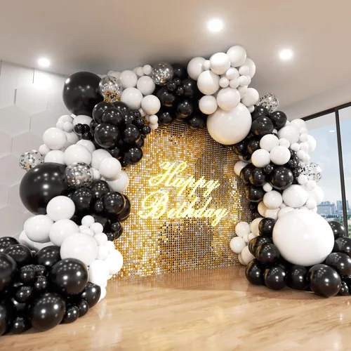 Miniatura 7 de Kit de arco de globos negros y dorados, ADOINBY 140 piezas de globos de látex confeti negros, blancos y dorados metálicos de 18, 12, 10 y 5