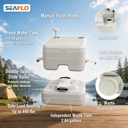Miniatura 8 de SEAFLO Premium Camping Portable Toilet - 5.8 Gallon Waste 3.43 Gall Fresh Tank (100 Flushes), 440 lbs Max Weight, Level Indicator, Sealed Waste Tank
