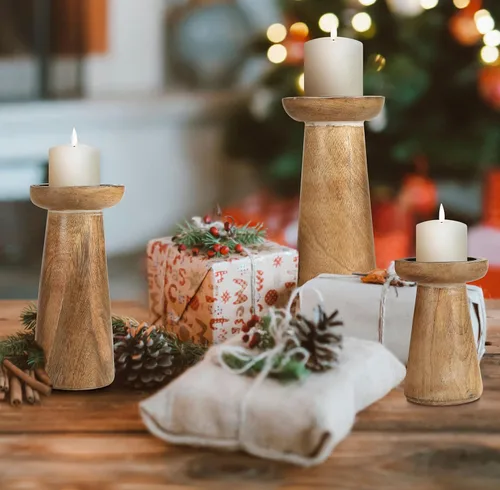 Miniatura 2 de Juego de 3 portavelas de pilar de madera hecho a mano, ideal para velas LED y pilares, regalo para bodas, Navidad, fiestas, hogar, spa, reiki