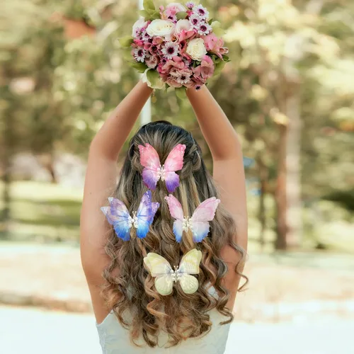 Miniatura 2 de Flying Butterfly - Pinzas para el cabello, 4 piezas grandes de organza 3D de metal plateado, alas móviles, accesorios de 4.3 pulgadas para mujeres