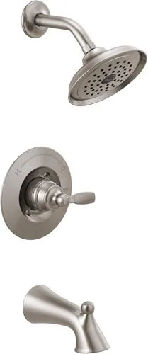 Delta Faucet Woodhurst 14 Series - Grifo de bañera y ducha de una sola manija de níquel cepillado, kit de molduras de ducha con cabezal de ducha de