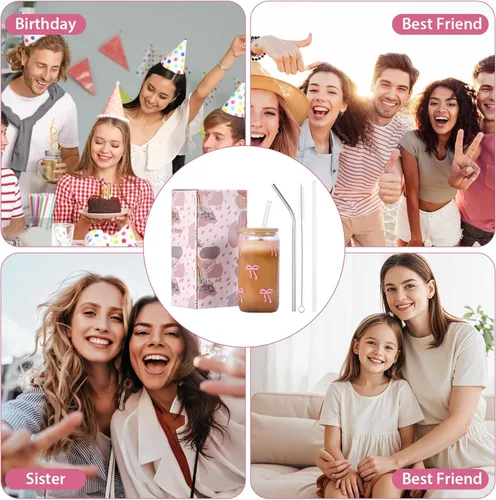 Miniatura 5 de Tazas de vidrio lindas con moño rosa y tapas y popotes, taza estética de café helado, taza de diseño preppy femenino, regalos de cumpleaños y San