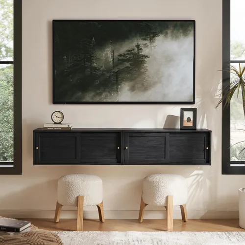 Miniatura 6 de mopio Lauren - Estante flotante para TV, estante modular multiusos para debajo de la televisión, armario de televisión de madera montado en la Negro