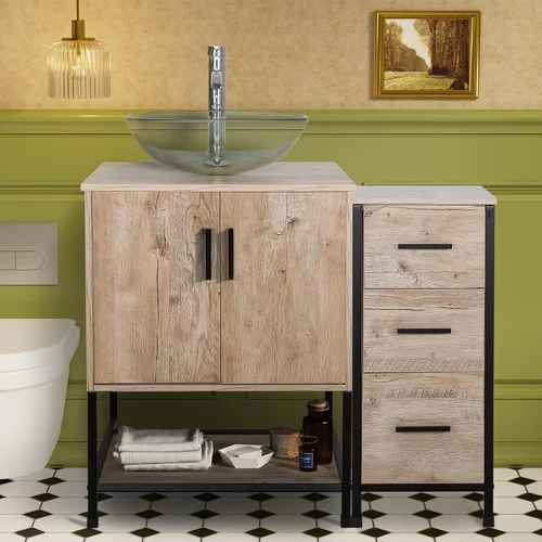 Miniatura 60 de UEV Juego de tocador de baño rústico marrón de 36 pulgadas con fregadero, marco de hierro industrial con 3 cajones laterales, fregadero de cerámica