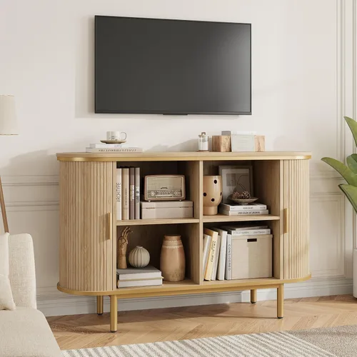 Miniatura 3 de QUW Mesa consola con puertas correderas de tambor, soporte de TV de mediados de siglo de 47 pulgadas con almacenamiento y estantes abiertos Nogal