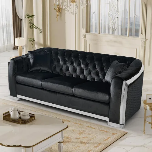 Miniatura 17 de DAMAIFROM Sofá Chesterfield moderno de mediados de siglo, sofá de terciopelo de 62"+84" pulgadas, sofá de terciopelo negro y dorado, sofá curvo