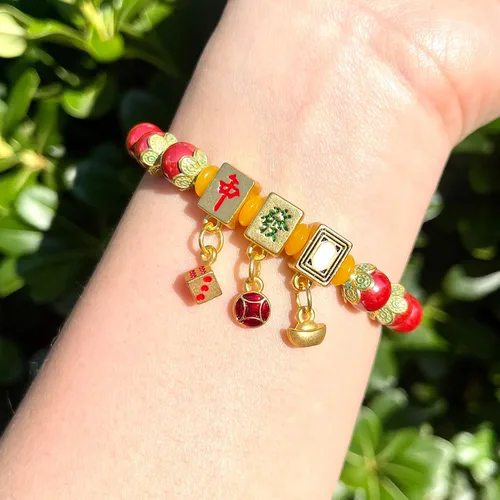 Miniatura 5 de Pulsera de cinabrio natural con cobre chapado en oro Mahjong Design Charm Lucky Bead Tamaño 0.315 in