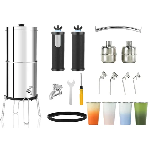 Sistema de filtro de agua por gravedad de ultrafiltración de 2.25 G - Sistema de encimera de acero inoxidable 304 con mango, 2 válvulas de cierre, 4