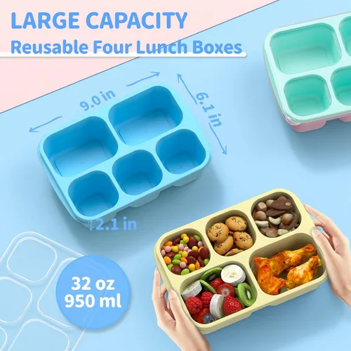 Miniatura 2 de Bento Box - Lonchera para Adultos, Paquete de 4, Contenedor de Preparación de Comidas de 5 Compartimentos para Niños, Contenedores Reutilizables PP