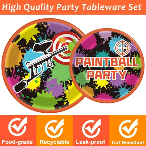 Miniatura 4 de 96 piezas de suministros para fiesta de cumpleaños de paintball, juego de vajilla de neón brillante, platos de papel, servilletas, suministros