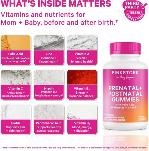 Miniatura 2 de Pink Stork Fertilidad + vitaminas prenatales + gomosas posnatales – Apoyo completo para el viaje de la maternidad – Multivitamínico con folato