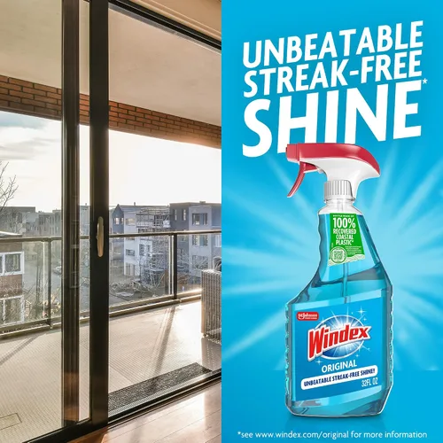 Miniatura 6 de Windex Spray limpiador de vidrio y ventanas, botella hecha de plástico 100% reciclado, espray de limpieza de superficies, aroma azul original, 23