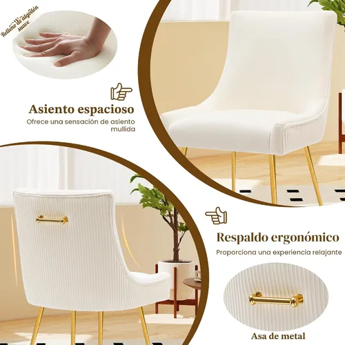 Miniatura 5 de adochr Juego de 2 sillas de comedor modernas con patas de metal dorado, silla de cocina tapizada de terciopelo, respaldo plisado, silla decorativa