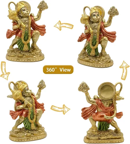 Miniatura 2 de Estatua hindú de Dios Señor Volador Hanuman – Escultura de Ídolo de la India Murti Pooja – Figura con acabado de oro indio para decoración