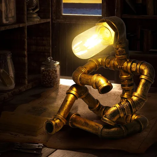 Steampunk - Lámpara de mesa decorativa para hombres, lámpara de escritorio de estilo robot creativo, estilo vintage, industrial de tubería de agua,