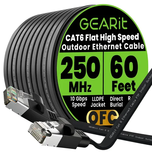 Miniatura 27 de GEARit Cable Ethernet plano Cat 6 para exteriores (15 pies, negro) Chaqueta LLDPE clasificada para entierro directo – Cat6 blindado FTP 10Gbps