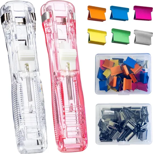 Dispensador de Clips de Papel Portátil Reutilizable - Capacidad de 40 Hojas, 2 Dispensadores con 100 Clips de Repuesto (50 Plateados + 50 de Color)