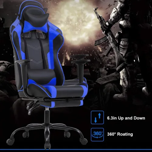 Miniatura 7 de Silla de juegos de PC ergonómica con función de masaje azul, silla de oficina resistente, soporte lumbar con reposabrazos reposapiés