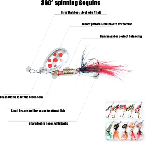 Miniatura 5 de EXAURAFELIS 10/30 piezas Señuelo de pesca Spinnerbait con Ganchos Triples Plumados Señuelos de Cola de Gallo Señuelos de Cuchara para Lubina Salmón