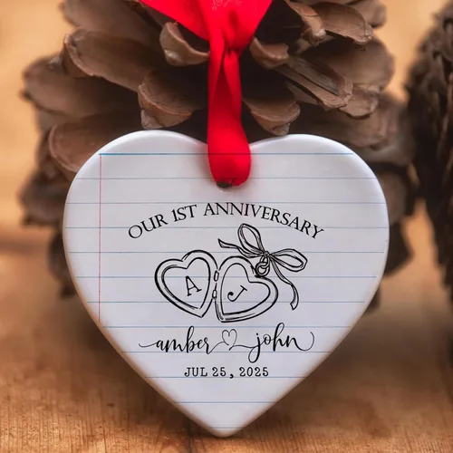 Miniatura 5 de Adorno personalizado para el primer aniversario, recuerdo romántico de corazón de cerámica con nombres y año, regalo para parejas, decoración única