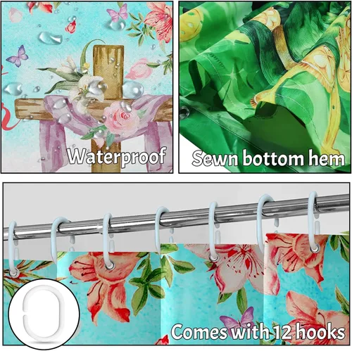 Miniatura 4 de Lutto Cortina de ducha de Pascua, cortinas de ducha de primavera para baño, juego de baño de Pascua con flor de conejo para decoración de baño, 72 x