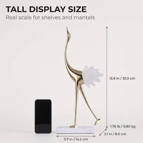 Miniatura 3 de suruim Elegantes estatuas de pájaro de grúa dorada con detalles de cola de cristal, figuras decorativas de latón para decoración del hogar (blanco A)