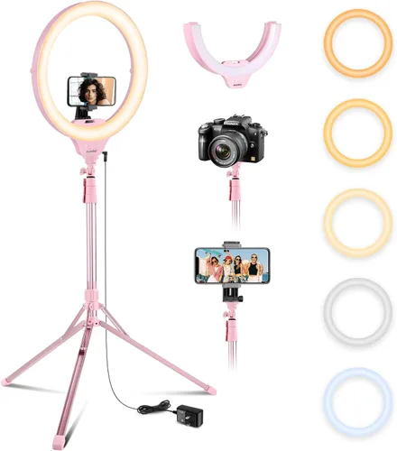 Miniatura 8 de Aureday - Anillo de luz para selfie de 14 pulgadas con soporte para trípode de 62 pulgadas y soporte para teléfono, anillo de luz LED regulable