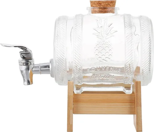Hemoton Dispensador de barril de vino de vidrio vintage con grifo y estante de bambú de 8.07 pulgadas para whisky ron bourbon servir en fiestas en