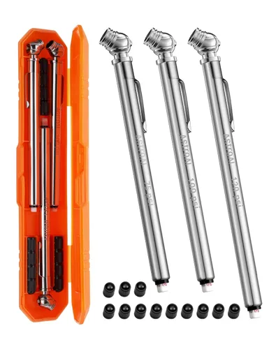 Miniatura 8 de AstroAI Manómetro de presión de neumáticos tipo lápiz, paquete de 2 (10-75 PSI, 10-120 PSI ±2% rango), tapas de válvula con estuche, cuerpo de acero