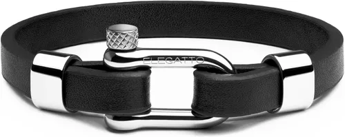 Miniatura 7 de Elegatto Morelle Pulsera de cuero premium para hombre Piel de grano entero color negro con cierre de grillete de acero inoxidable pulido